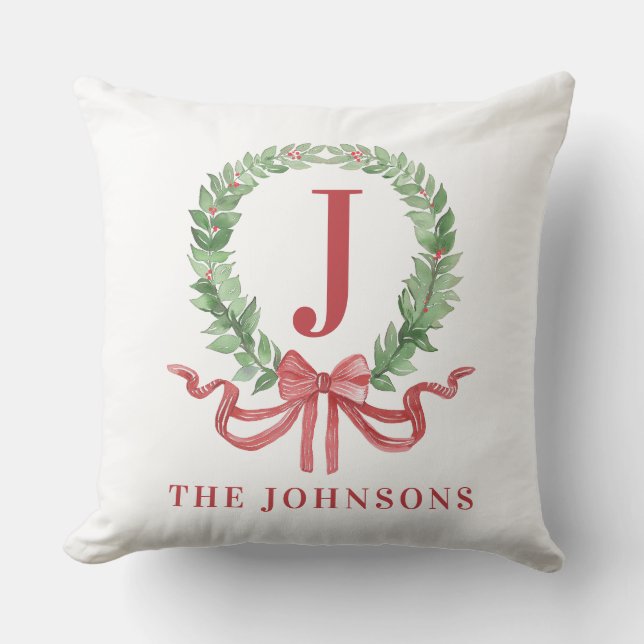 Christmas Wreath Monogram With Name Throw Pillow (Front)