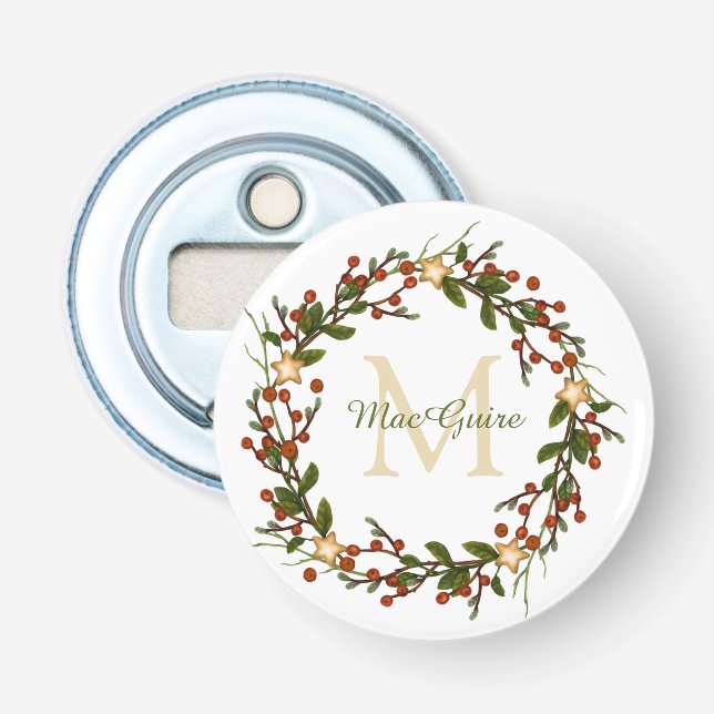 Christmas Wreath Monogrammed Initial Bottle Opener (Front)