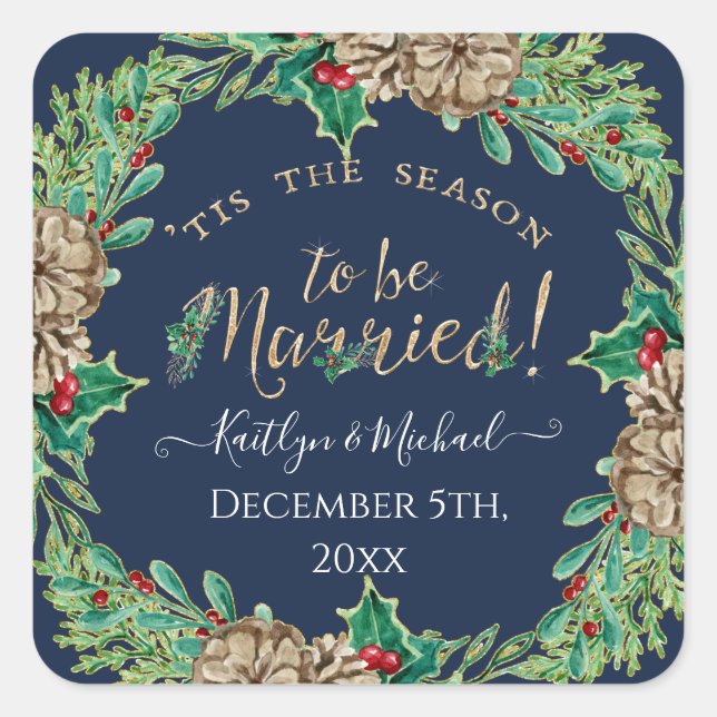Christmas Wreath Navy Blue Holly Pine Cone Wedding Square Sticker (Front)