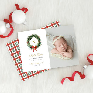 Christmas Wreath Newborn Girl Birth Photo Holiday Card