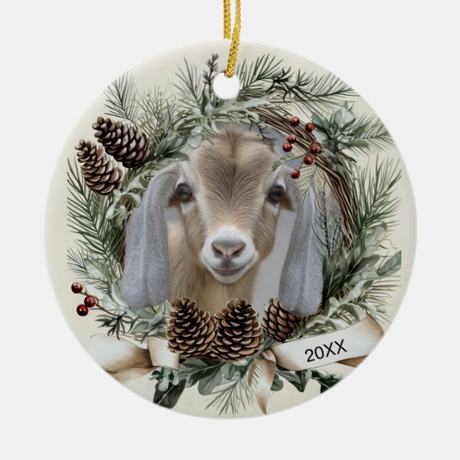 Christmas Wreath Nubian Goat  Ceramic Ornament (Front)