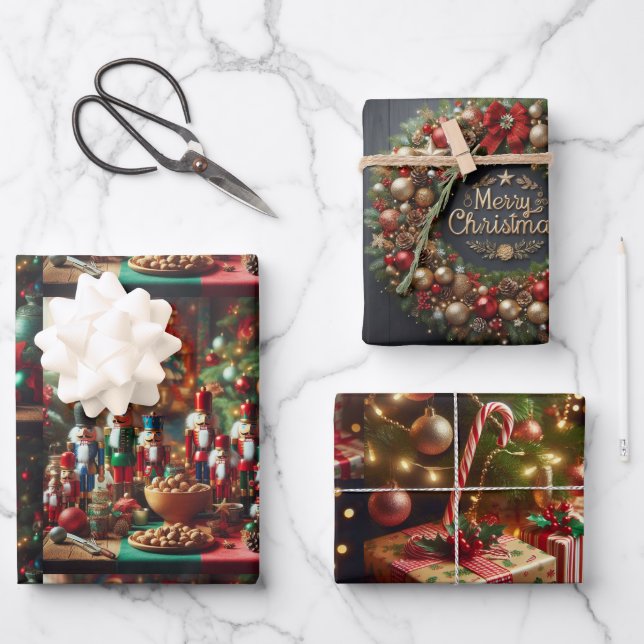 Christmas Wreath, Nutcracker, and  Wrapping Paper Sheet (Front)
