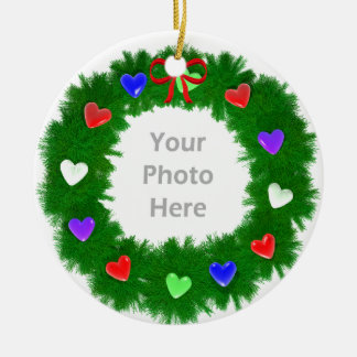 Christmas Wreath of Hearts Photo Ceramic Ornament
