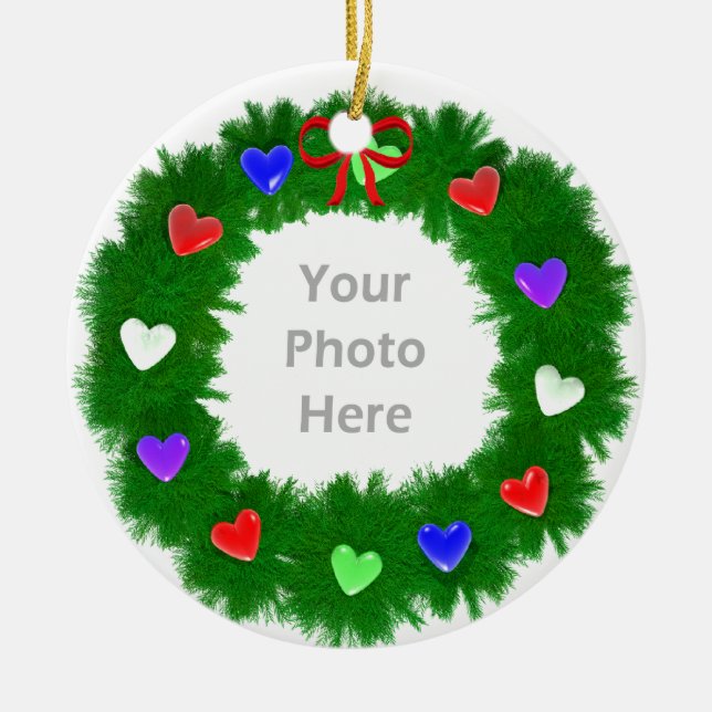 Christmas Wreath of Hearts Photo Ceramic Ornament (Front)