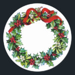 Christmas Wreath of Holly and MIstletoe Classic Round Sticker<br><div class="desc">Christmas Wreath of Holly and MIstletoe</div>