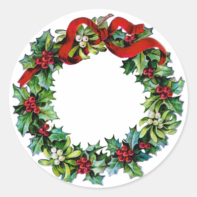 Christmas Wreath of Holly and MIstletoe Classic Round Sticker (Front)
