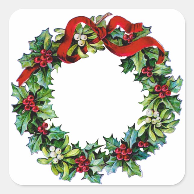 Christmas Wreath of Holly and MIstletoe Square Sticker (Front)
