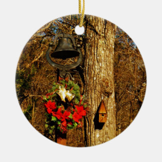 Christmas Wreath Old Bells and Birdhouse Ceramic Ornament