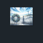 Christmas Wreath On a Beach Fence Canvas Print<br><div class="desc">A wreath decorated with seashells and greenery adorns a wooden fence,  while a lighthouse stands near the ocean under a sky filled with dramatic clouds and soaring seagulls</div>