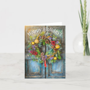Christmas Wreath on Old Door Holiday Card