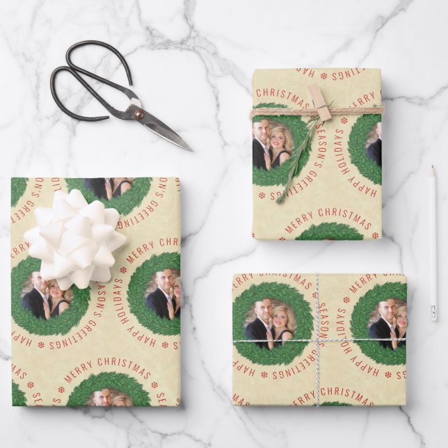 Christmas Wreath Pattern Personalized Photo Wrapping Paper Sheet (Front)