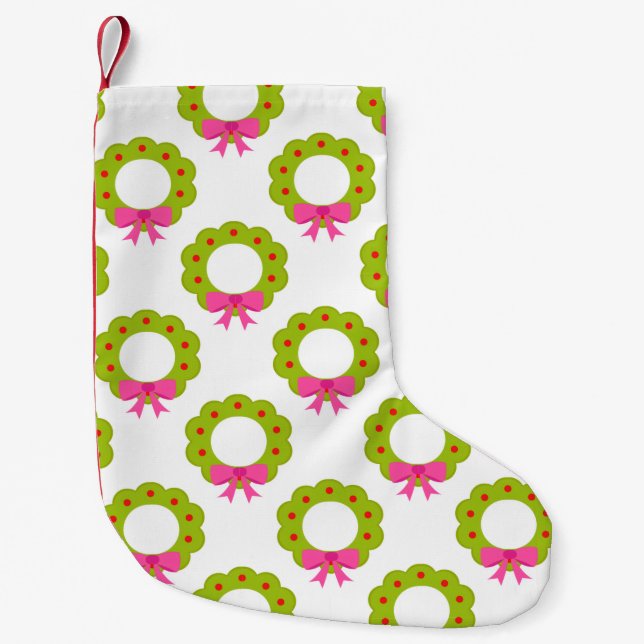 Christmas Wreath Pattern – Pink Bow Holiday Design Small Christmas Stocking (Front)
