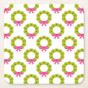 Christmas Wreath Pattern – Pink Bow Holiday Design Square Paper Coaster