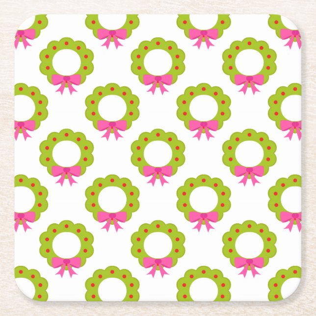 Christmas Wreath Pattern – Pink Bow Holiday Design Square Paper Coaster (Front)