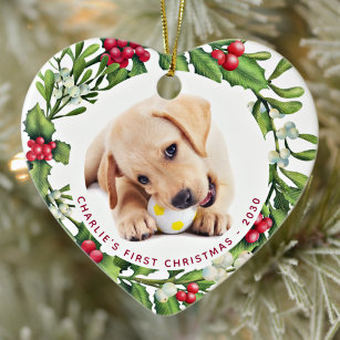 Christmas Wreath Personalized Dog Photo Heart Ceramic Ornament