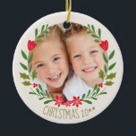 Christmas  Wreath Photo Ceramic Ornament<br><div class="desc">Front side with wreath -  backside with Cute christmas pattern design on backside  with hand drawn nature symbols snowmen,  reindeer,  holly,  snow, </div>