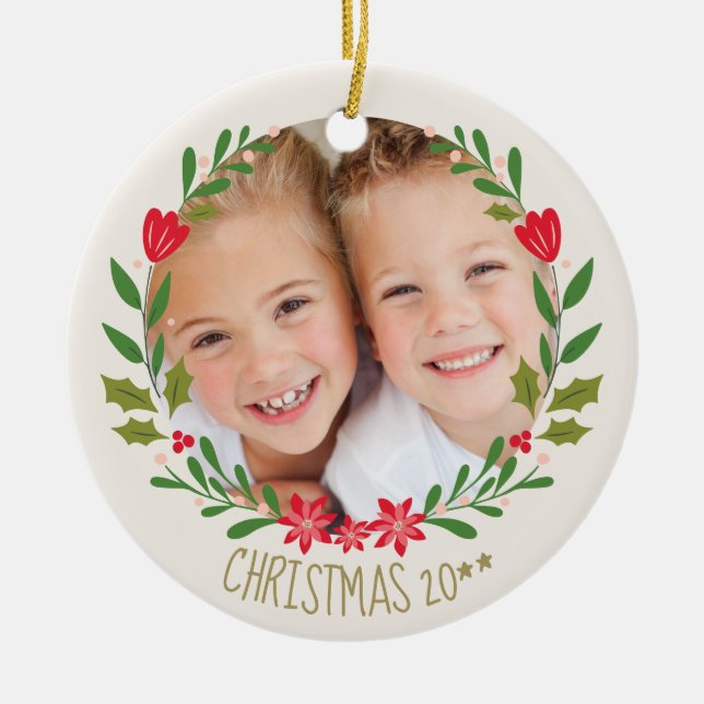 Christmas  Wreath Photo Ceramic Ornament (Front)