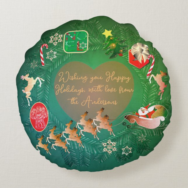 Christmas Wreath + Photo Flat Holiday Card Round Pillow (Back)