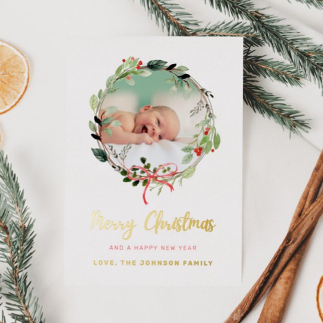 Christmas Wreath Photo Frame Foil Holiday Card (Creator Uploaded)
