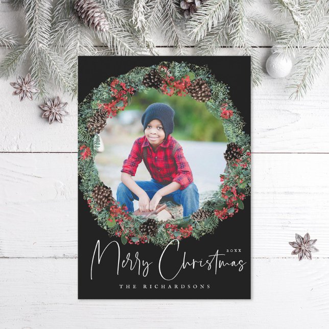 Christmas Wreath Photo Frame on Black Holiday Card (Creator Uploaded)