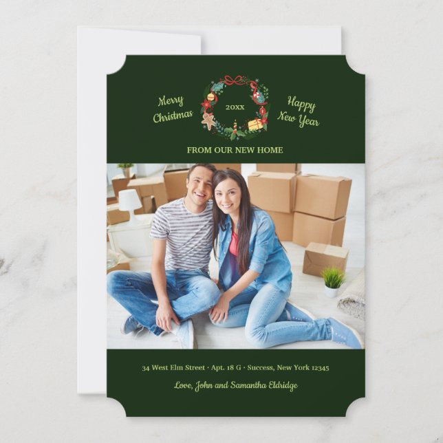 Christmas Wreath Photo Holiday Moving Card (Front)