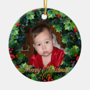 Christmas wreath Photo ornament, Ceramic Ornament