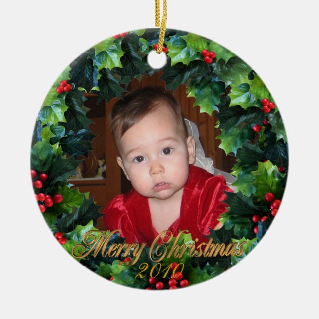 Christmas wreath Photo ornament, Ceramic Ornament (Front)