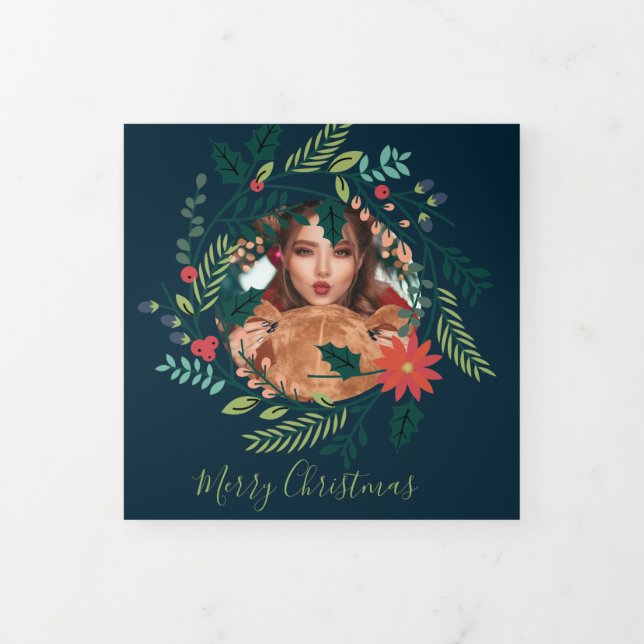 Christmas Wreath Photo Personalized Christmas Tri-Fold Holiday Card (Cover)