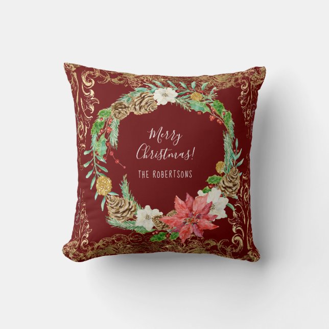 Christmas Wreath Pine Cone Floral Gold Swirls Name Throw Pillow (Front)