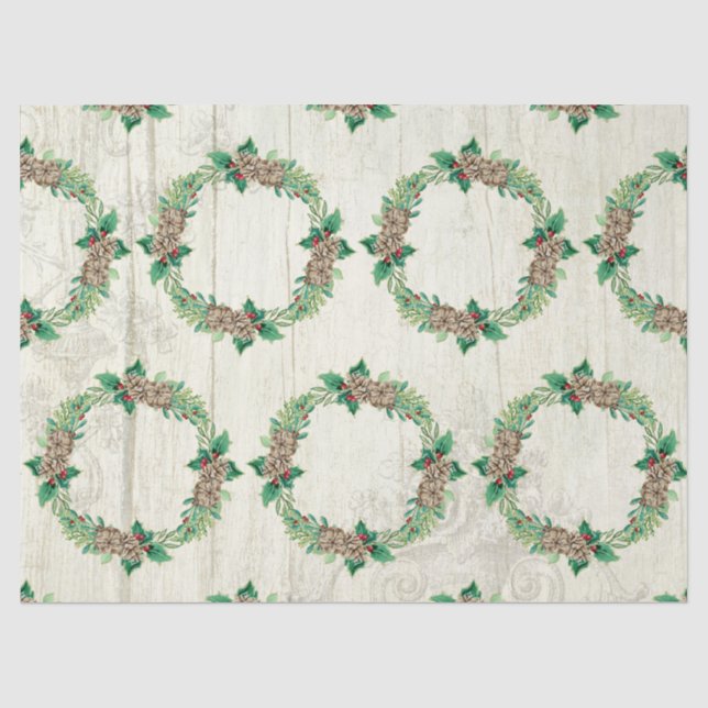 Christmas Wreath Pine Cone Holly Rustic Barn Wood Tissue Paper (Front)