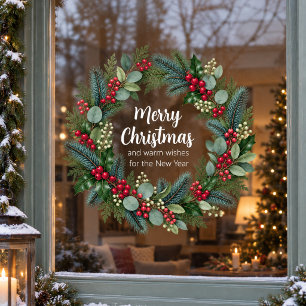 Christmas Wreath Pine Holly & Red Berries Window Cling