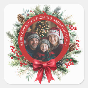 Christmas Wreath Pine Leaves Holly Berries Photo Square Sticker