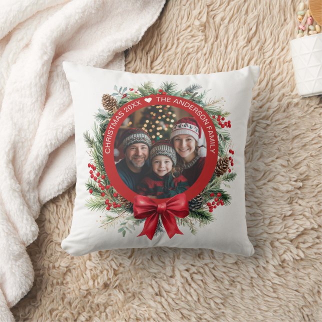 Christmas Wreath Pine Leaves Holly Berries Photo Throw Pillow (Blanket)
