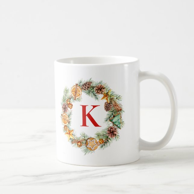 Christmas Wreath Pinecone and Evergreens Monogram Coffee Mug (Right)