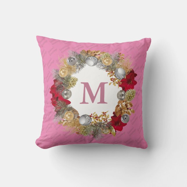 Christmas Wreath Pink MONOGRAM Throw Pillow (Front)