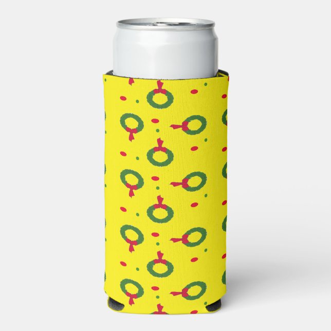 Christmas wreath polka dots yellow seltzer can cooler (Seltzer Front)