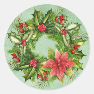 Christmas Wreath Postage Stamp Classic Round Sticker