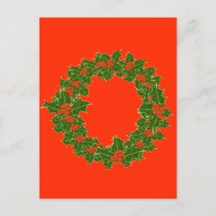 Christmas Wreath Red Berries & Green Leaves Holiday Postcard
