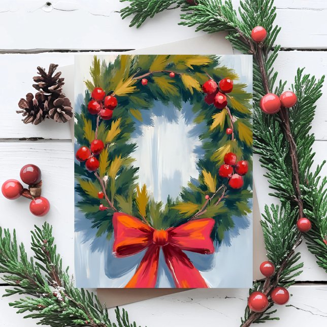 Christmas Wreath Red Bow Holiday Postcard (Creator Uploaded)
