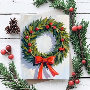 Christmas Wreath   Red Bow Merry Holiday Postcard