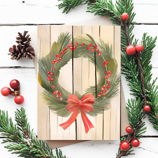 Christmas Wreath Red Bow | Pretty Pine Watercolor Holiday Postcard