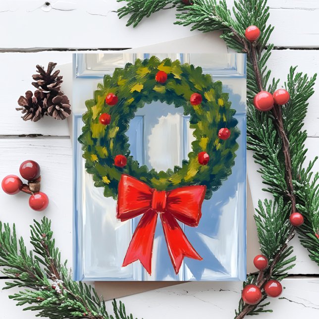 Christmas Wreath Red Bow White Watercolor Holiday Postcard (Creator Uploaded)