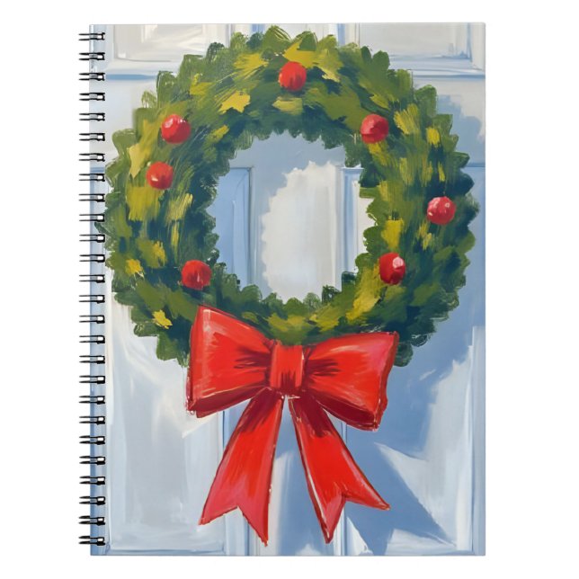 Christmas Wreath Red Bow White Watercolor Notebook (Front)