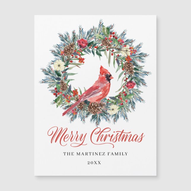 Christmas Wreath Red Cardinal Holiday Magnetic (Front)