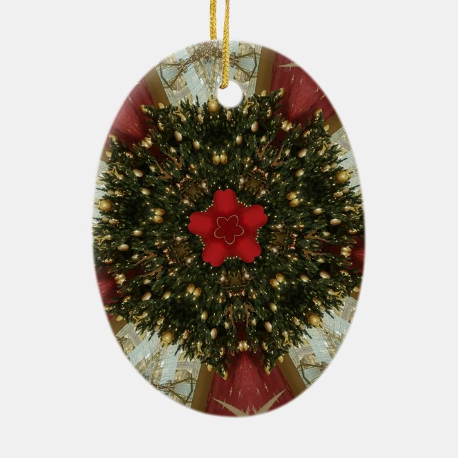 Christmas Wreath Red Green Gold with Red Star Ceramic Ornament (Back)