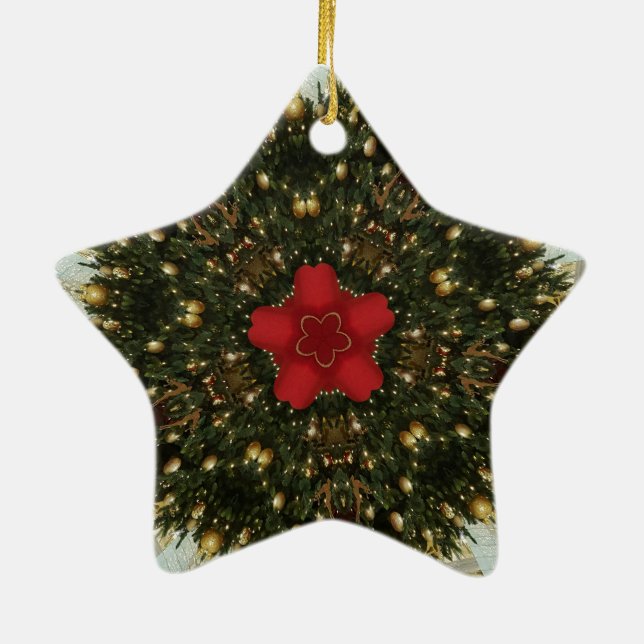 Christmas Wreath Red Green Gold with Red Star Ceramic Ornament (Back)