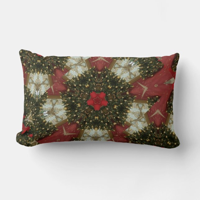 Christmas Wreath Red Green Gold with Red Star Lumbar Pillow (Front)