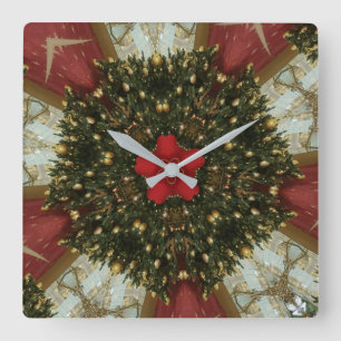 Christmas Wreath Red Green Gold with Red Star Square Wall Clock