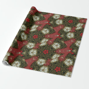 Christmas Wreath Red Green Gold with Red Star Wrapping Paper