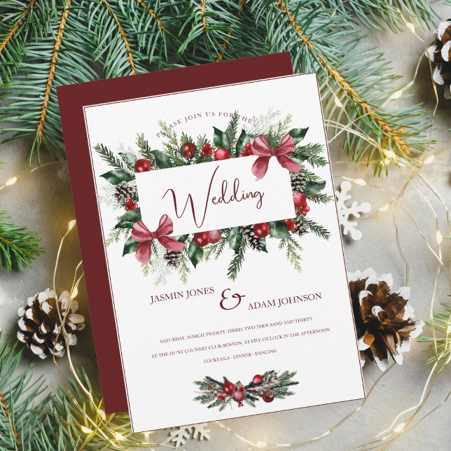 Christmas Wreath Red Green Winter Festive Wedding Invitation (Creator Uploaded)